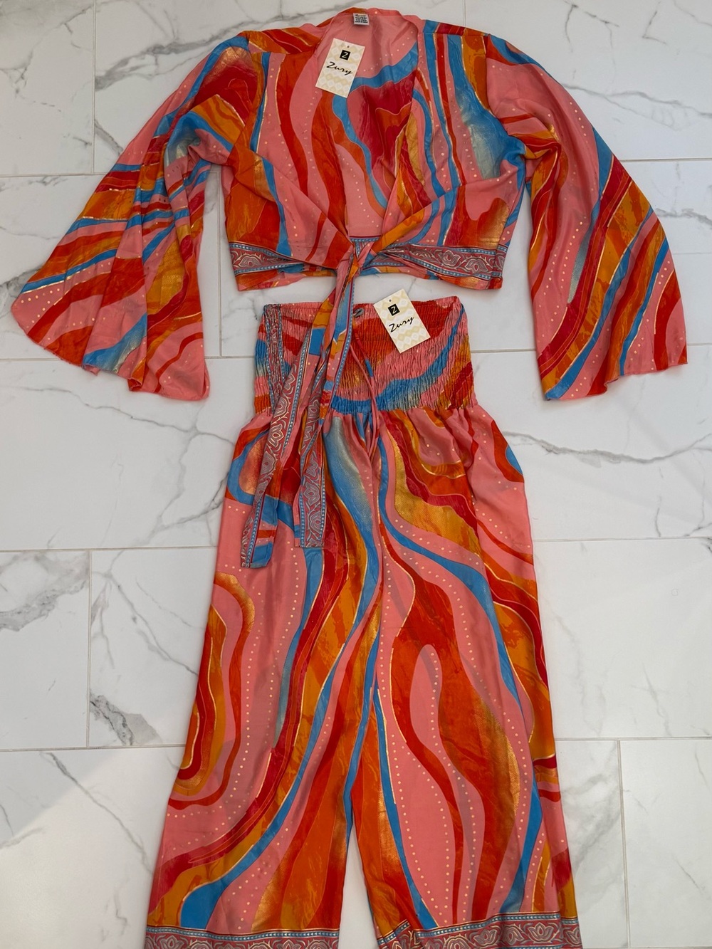Zury NWT 2 Piece Set Silk Blend Crop Top Wide Leg Pants Boho Resort